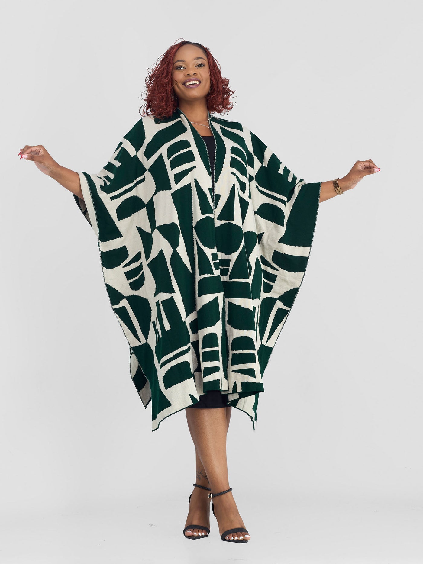 Vivo Reversible Poncho without Fringes - Emerald Green / Ivory Samba Print