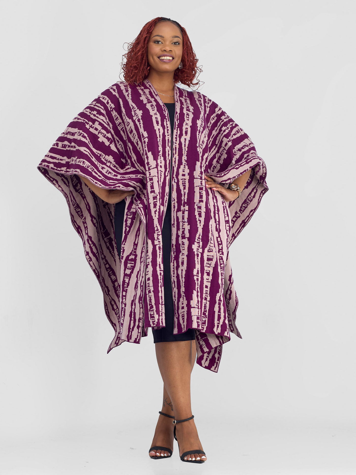 Vivo Reversible Poncho without Fringes - Burgundy / Taupe Miwa Print