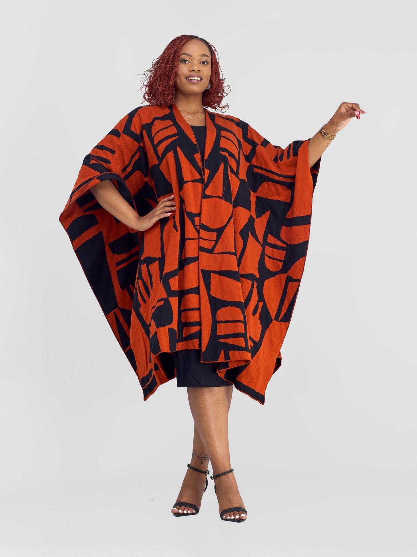 Vivo Reversible Poncho without Fringes - Burnt Orange / Black Samba Print - Shopzetu