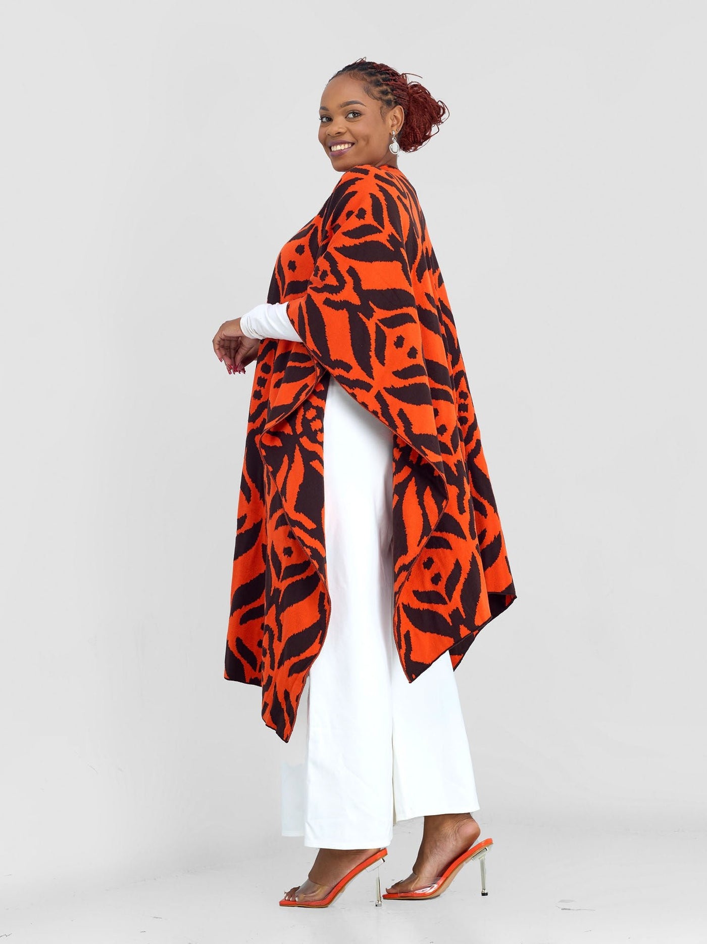 Vivo Reversible Poncho without Fringes - Chocolate Brown / Orange Ukwi Print - Shopzetu