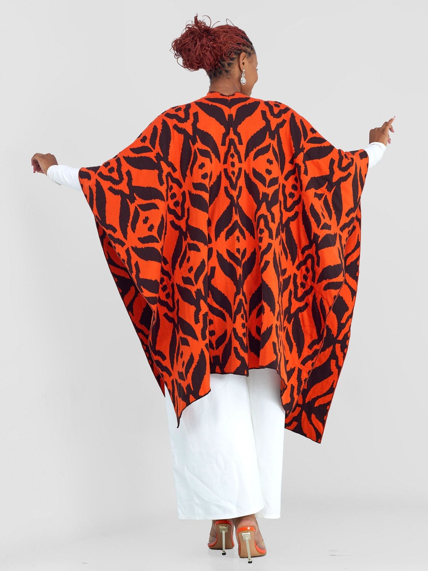 Vivo Reversible Poncho without Fringes - Chocolate Brown / Orange Ukwi Print - Shopzetu