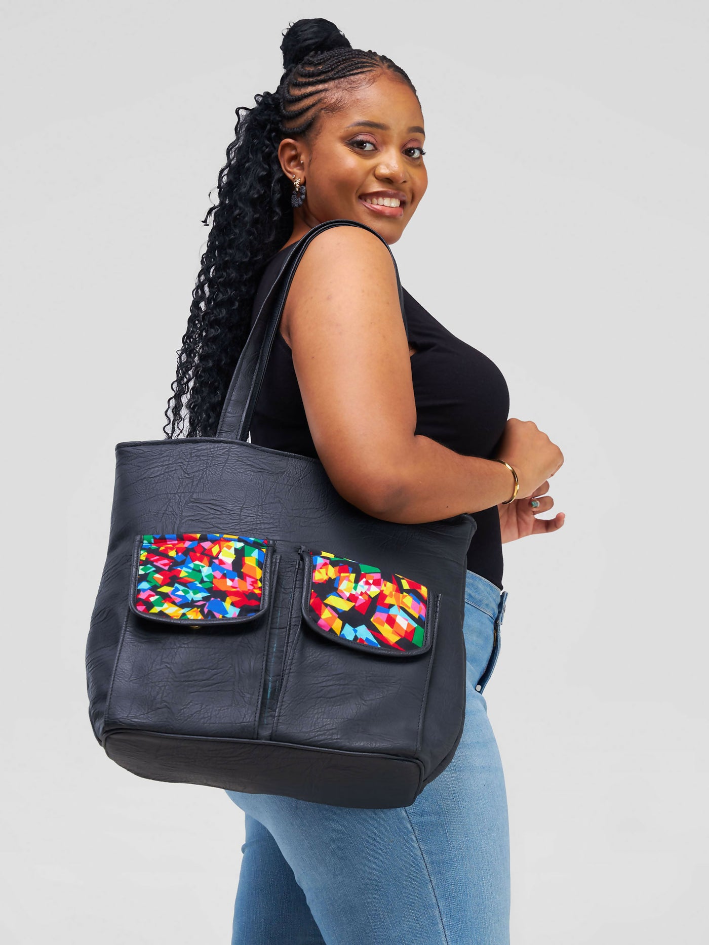 Khay Designs Leather Tote Bag - Black Ankara