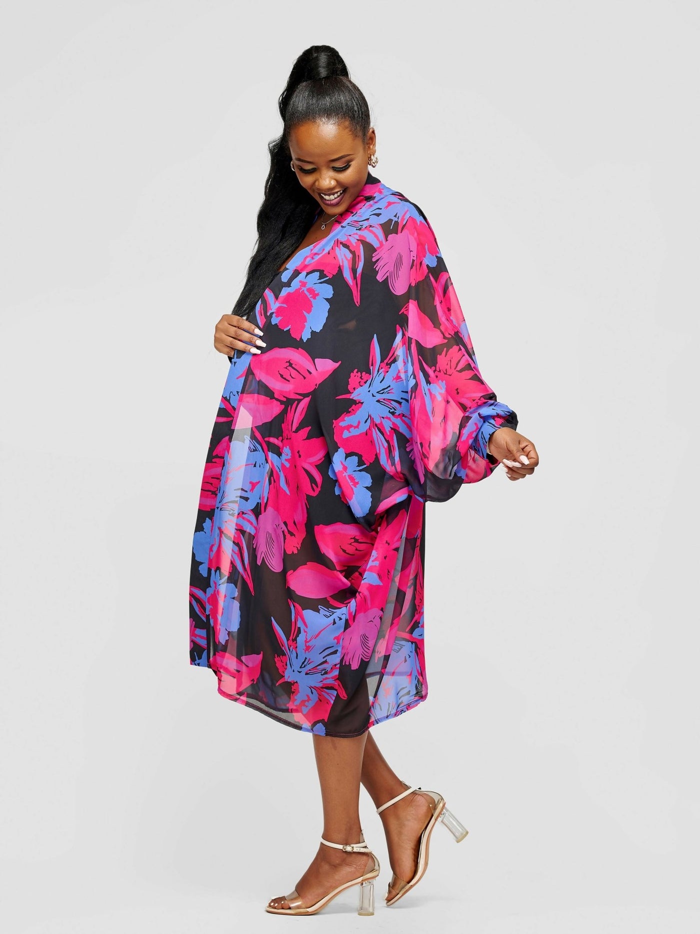 Tuli Halima Balloon Sleeve Kimono - Blue / Purple Print - Shopzetu