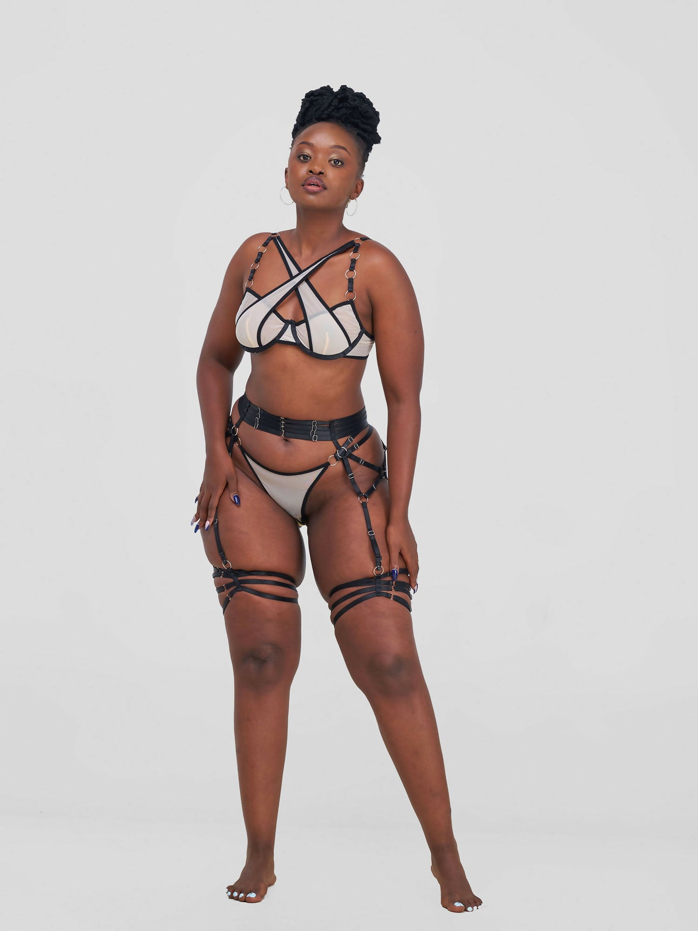 Posh Lingerie & More-Strapy Garter Lingerie Set - Beige / Black Print