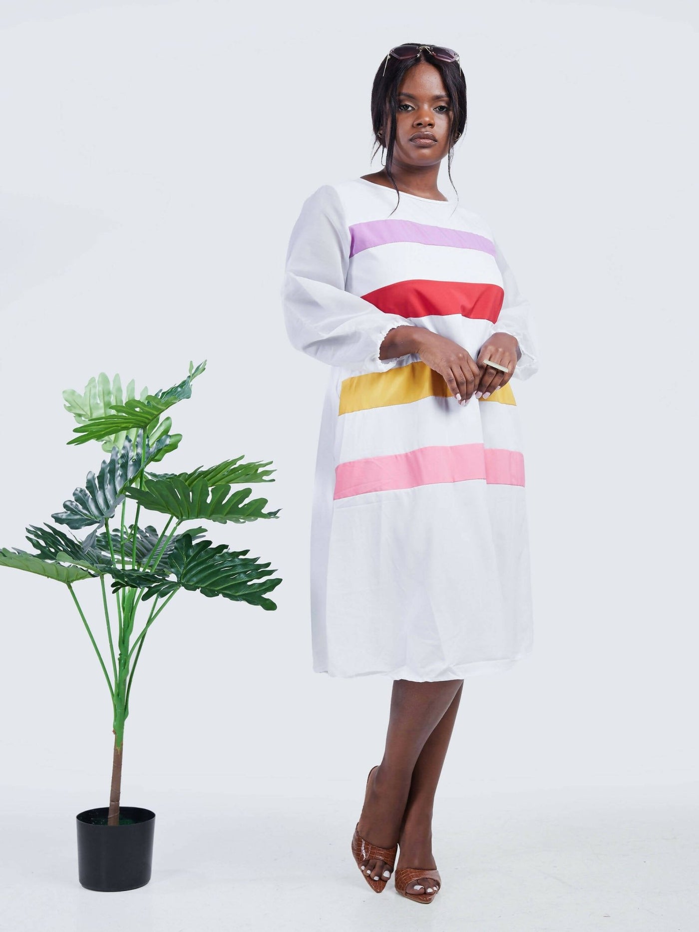 Dd Holdings Horizontal Stripped Midi Dress - White - Shopzetu