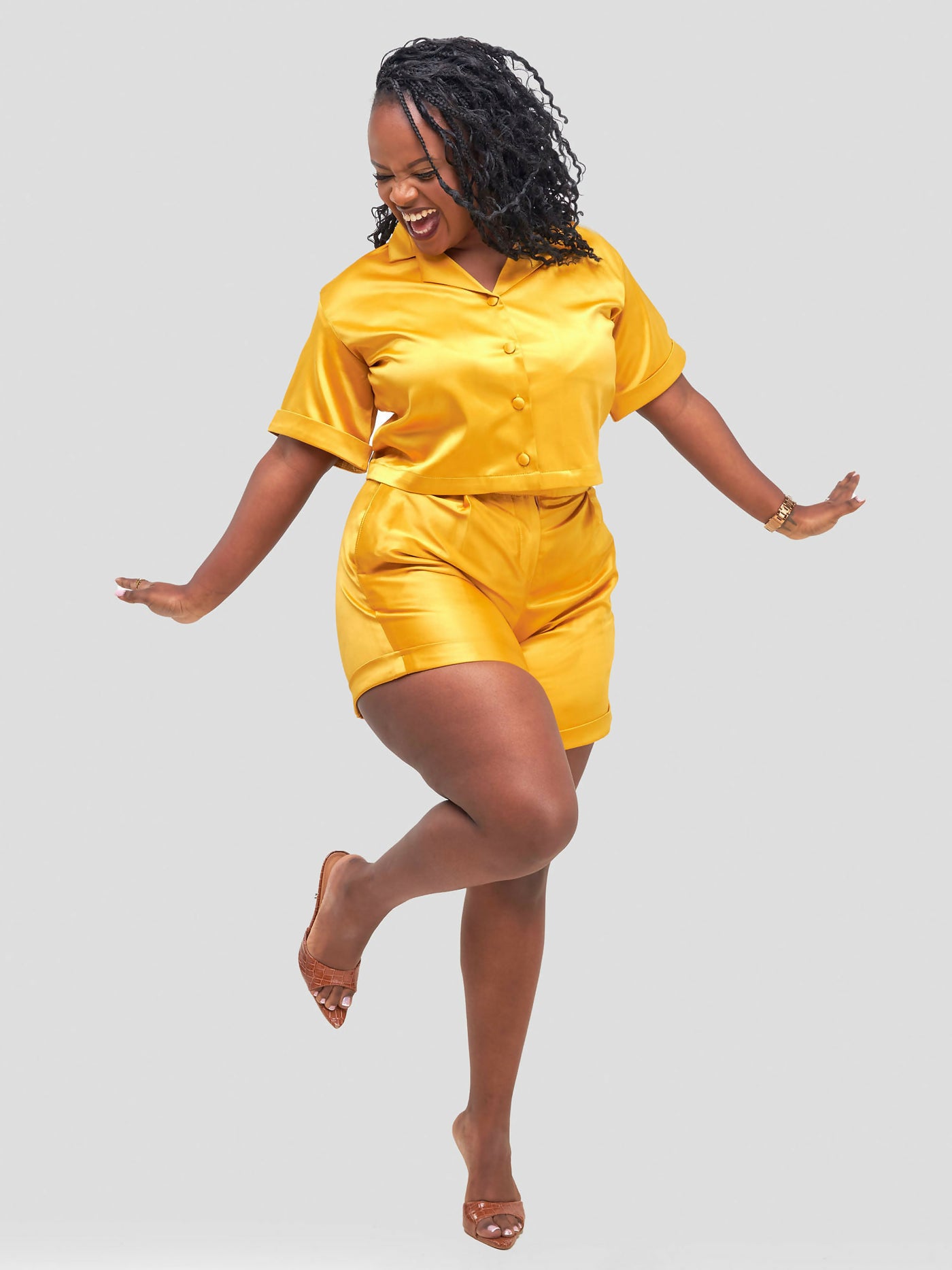 Satin Revolution Minimalistic Short Set - Mustard