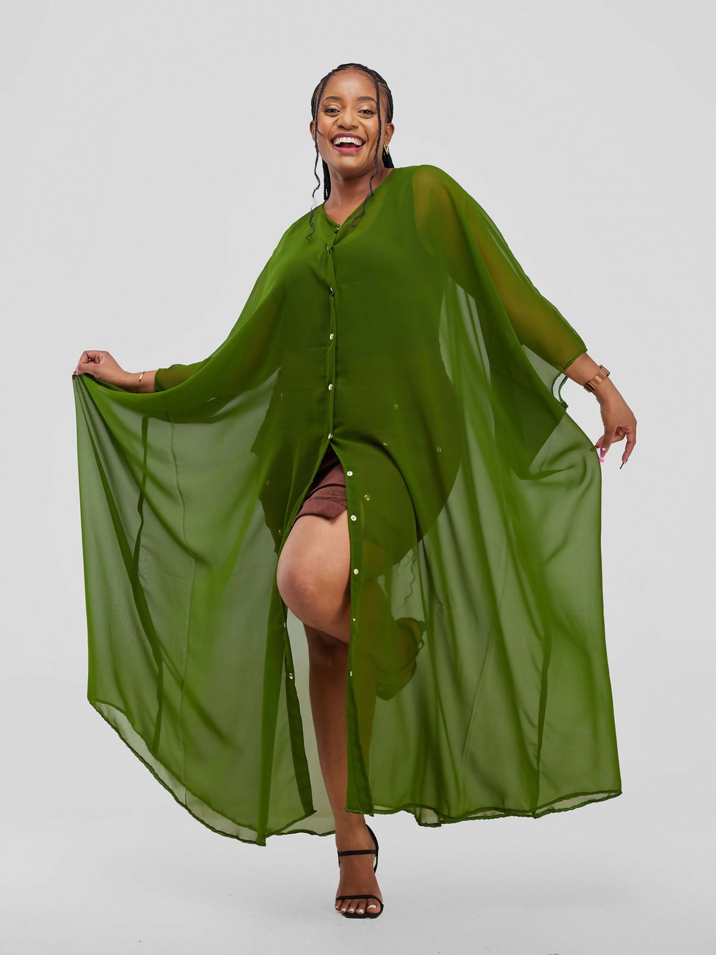 Vazi Afriq Buttoned Chiffon Kaftan Dress - Moss Green