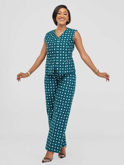 SBV Ankara Pant Suit - Green / White Print - Shopzetu