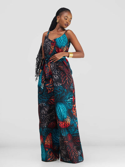 African Yuva Ava African Print Jumpsuit - Blue / Black Print - Shopzetu