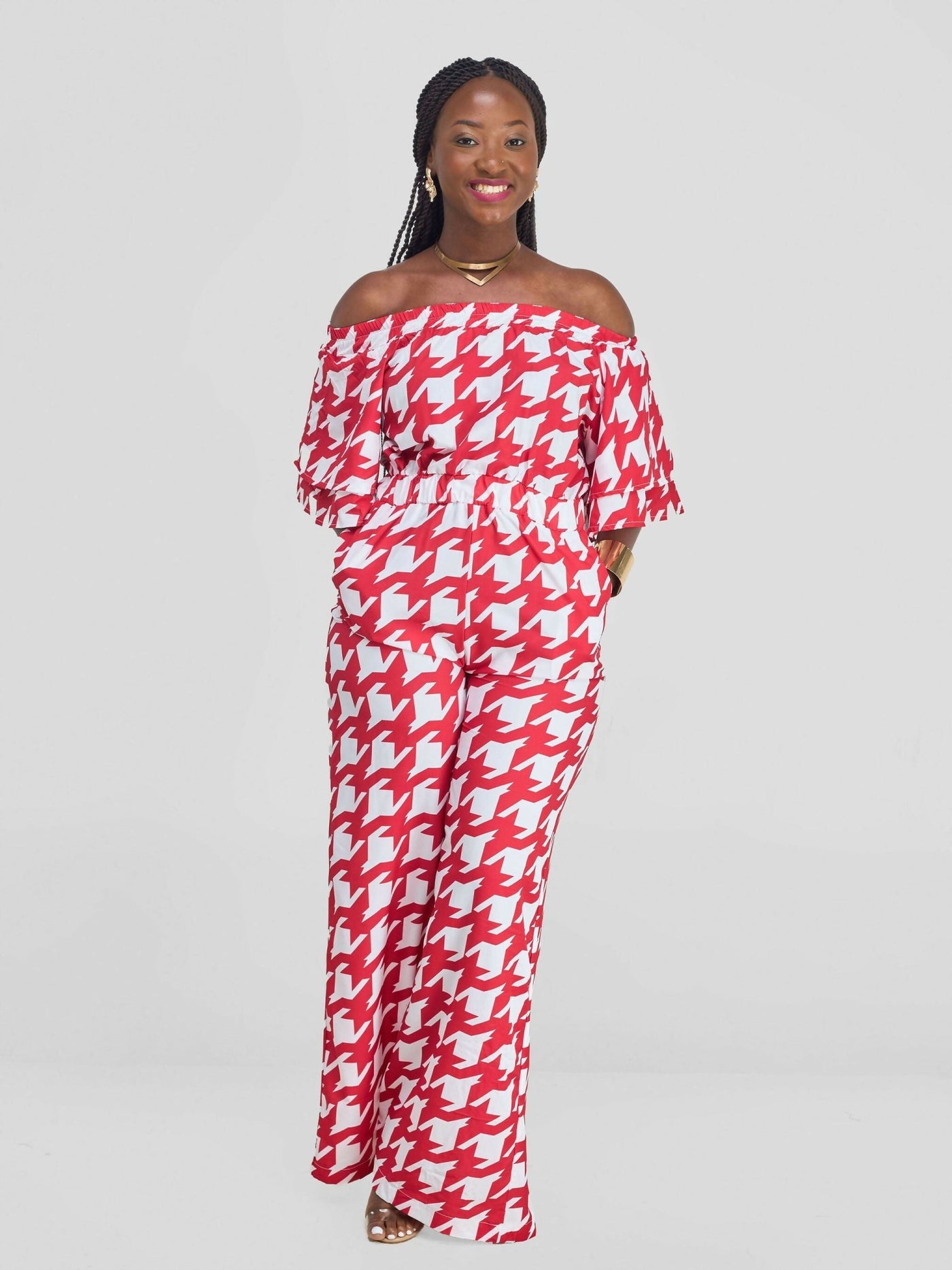 Stylish Sisters Off - Shoulder Jumpsuit - Red / White - Shopzetu