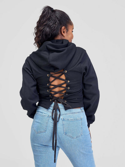 Misstcal Backless Cut Front Pocket Embroidery On Chest Hoodie - Black - Shopzetu