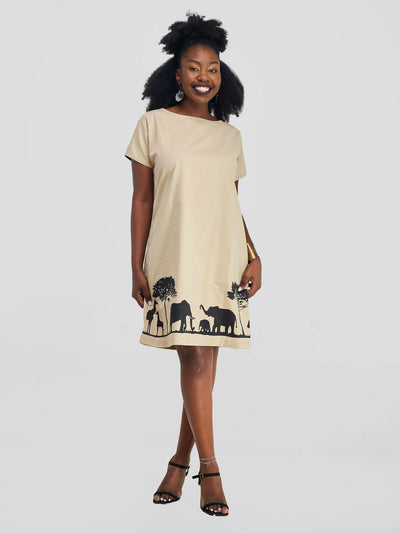 Animal Tree Line Dress - Beige - Shopzetu