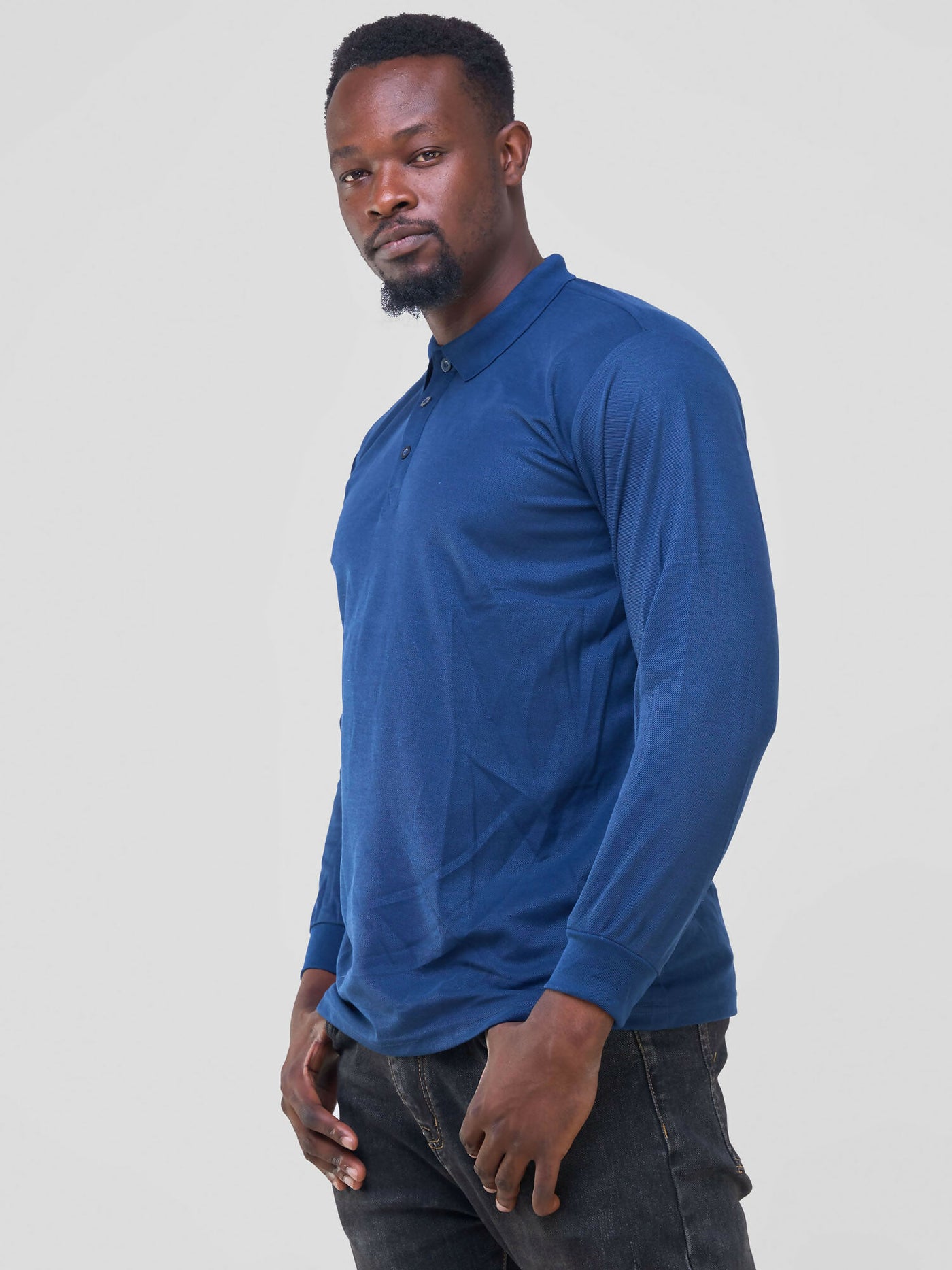 Long Sleeved Polo T-Shirt - Navy Blue - Shopzetu