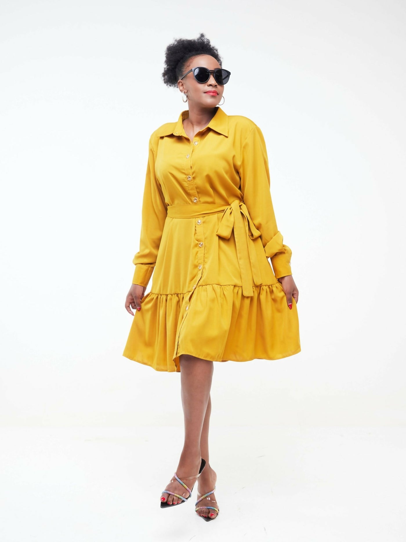 Sheila Shirt Knee Length Dress - Yellow - Shopzetu