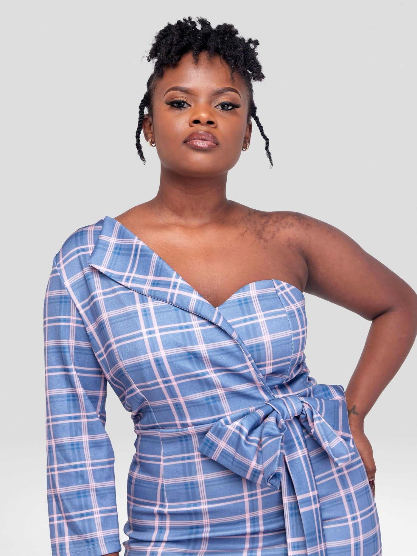 Bold N Chic One Shoulder Dress - Checkered Blue - Shopzetu