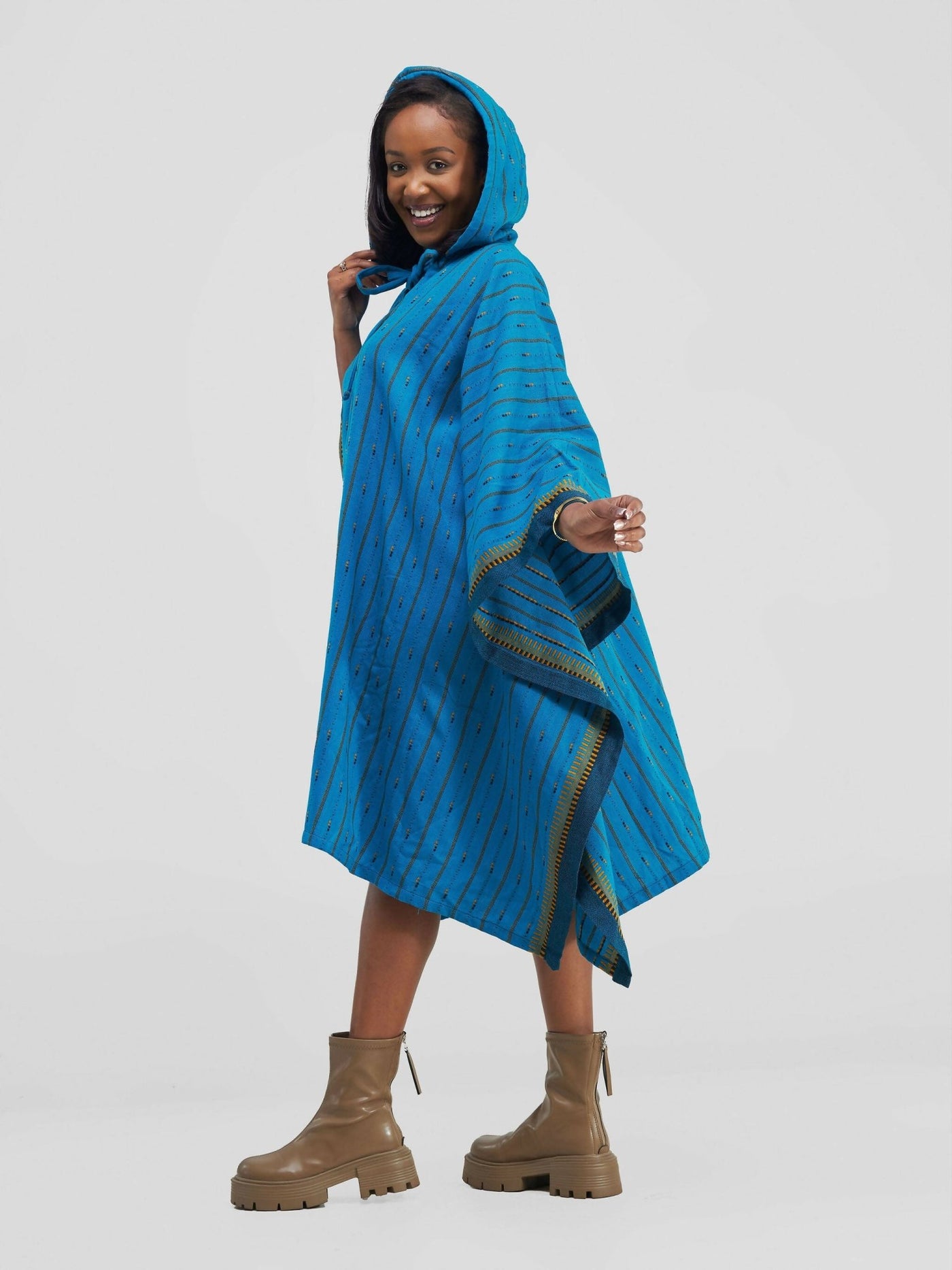 Liquid Lemn Tribal Print Poncho With Hoodie - Blue / Yellow - Shopzetu