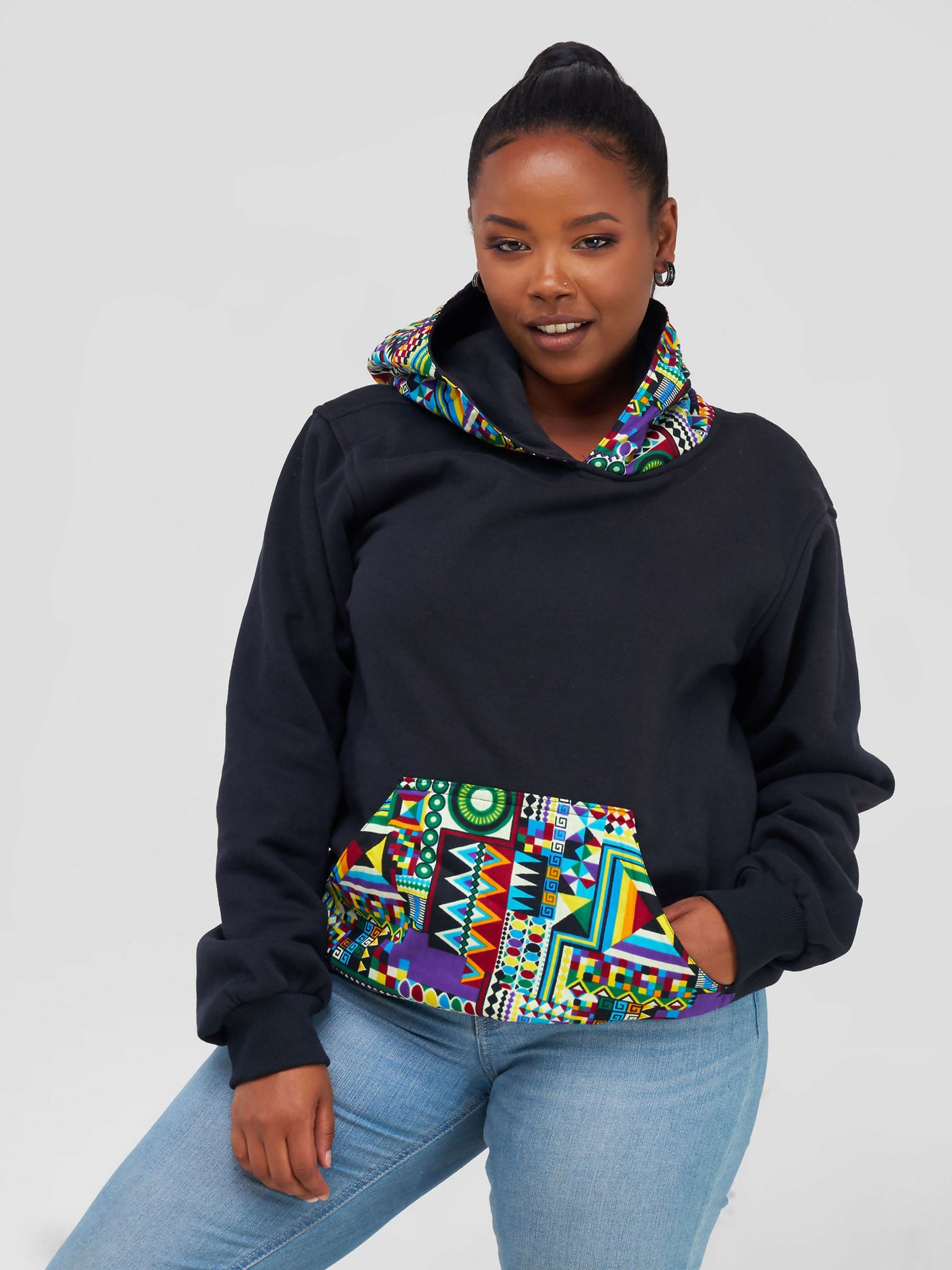 Khay Designs Ankara Sleeves And Neck Fleece Jumper - Black