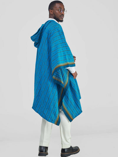 Tribal Print Poncho With Hoodie - Blue / Yellow - Shopzetu