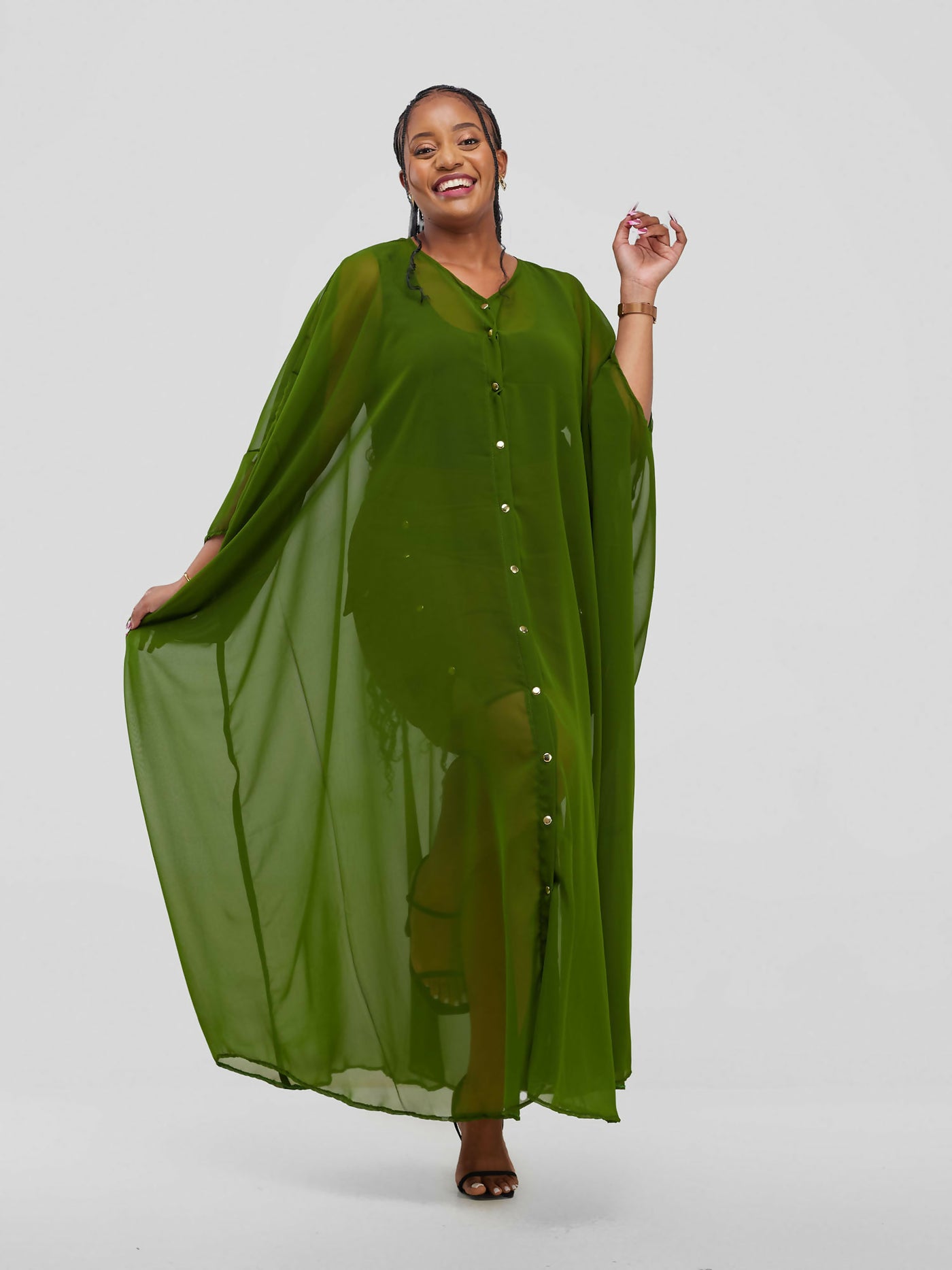 Vazi Afriq Buttoned Chiffon Kaftan Dress - Moss Green