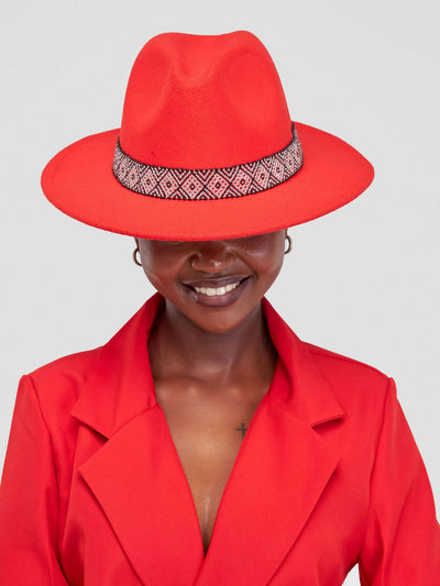 Umbo Collection Felt Beaded Fedora Hat - Red