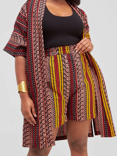 Purple Thread Zulu Short & Kimono Set - Red / Yellow Print - Shopzetu