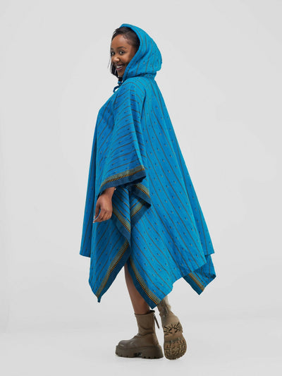 Liquid Lemn Tribal Print Poncho With Hoodie - Blue / Yellow - Shopzetu