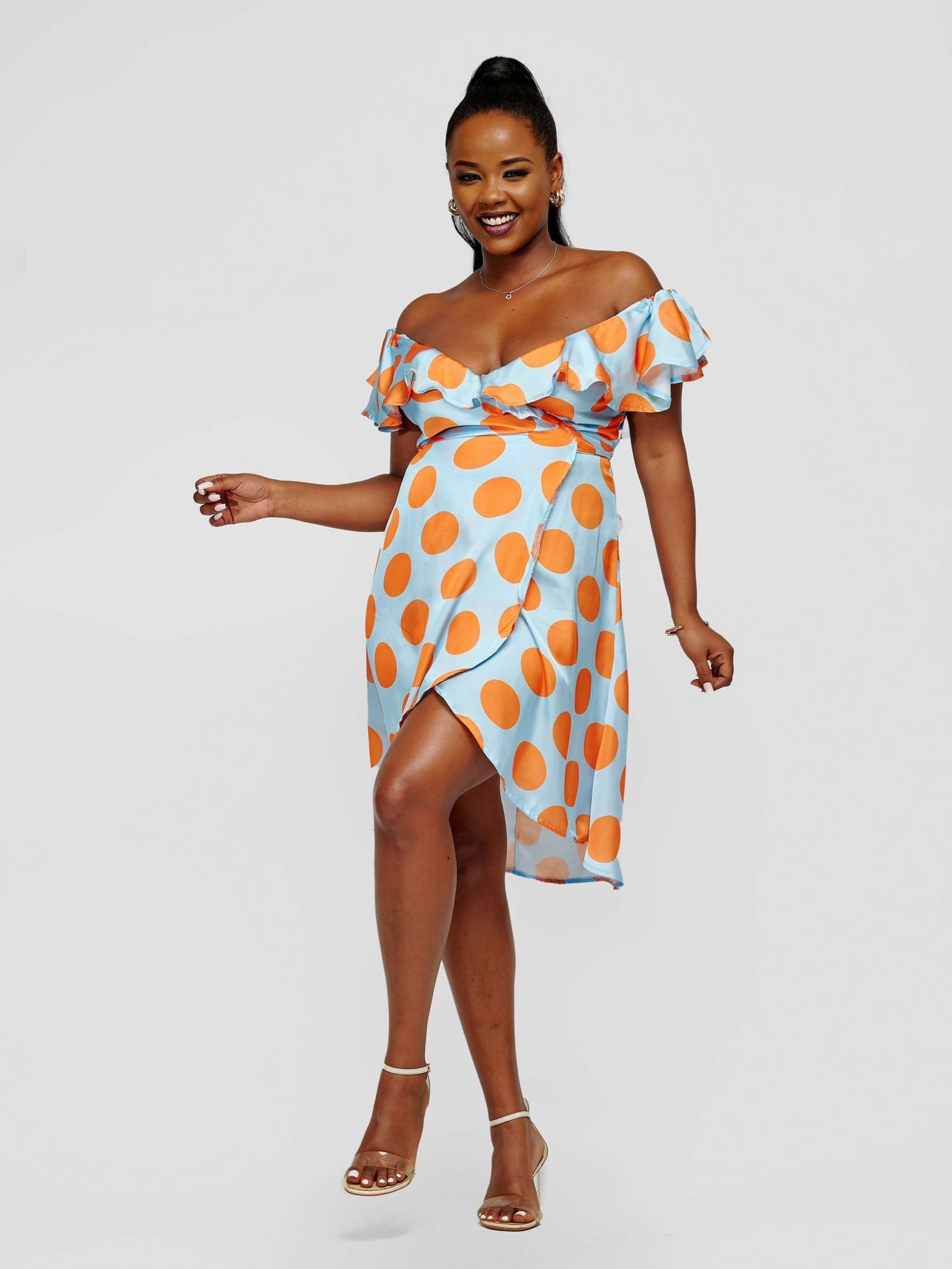 Tuli Lerato Polka Dot Wrap Dress - Blue / Mustard Print - Shopzetu