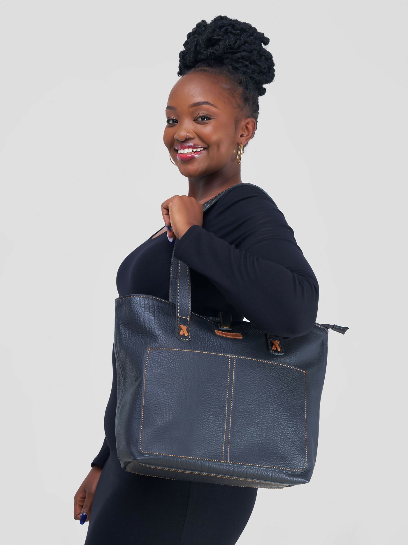 Blueberry Leather Tote Bag - Black