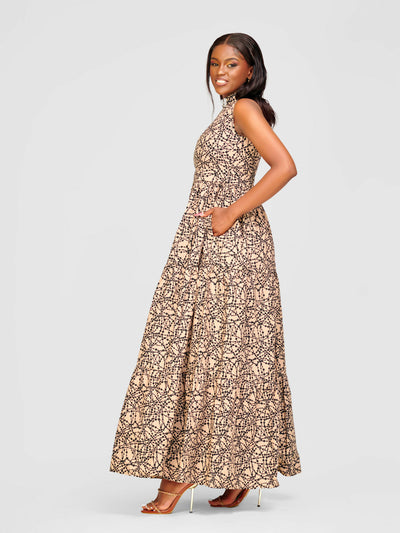 Tuli Karimi Tiered Maxi Dress - Brown / Black Print - Shopzetu