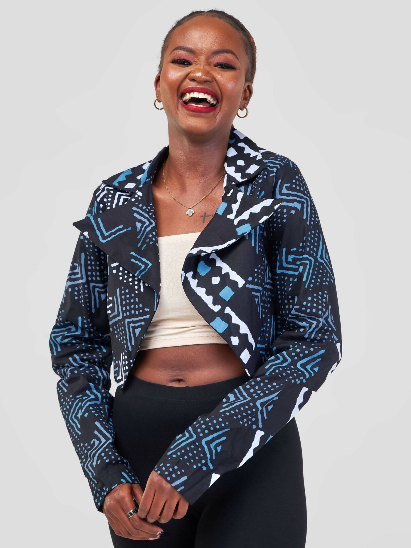 African Yuva Almasi African Print Crop Jacket - Navy Tribal Print - Shopzetu