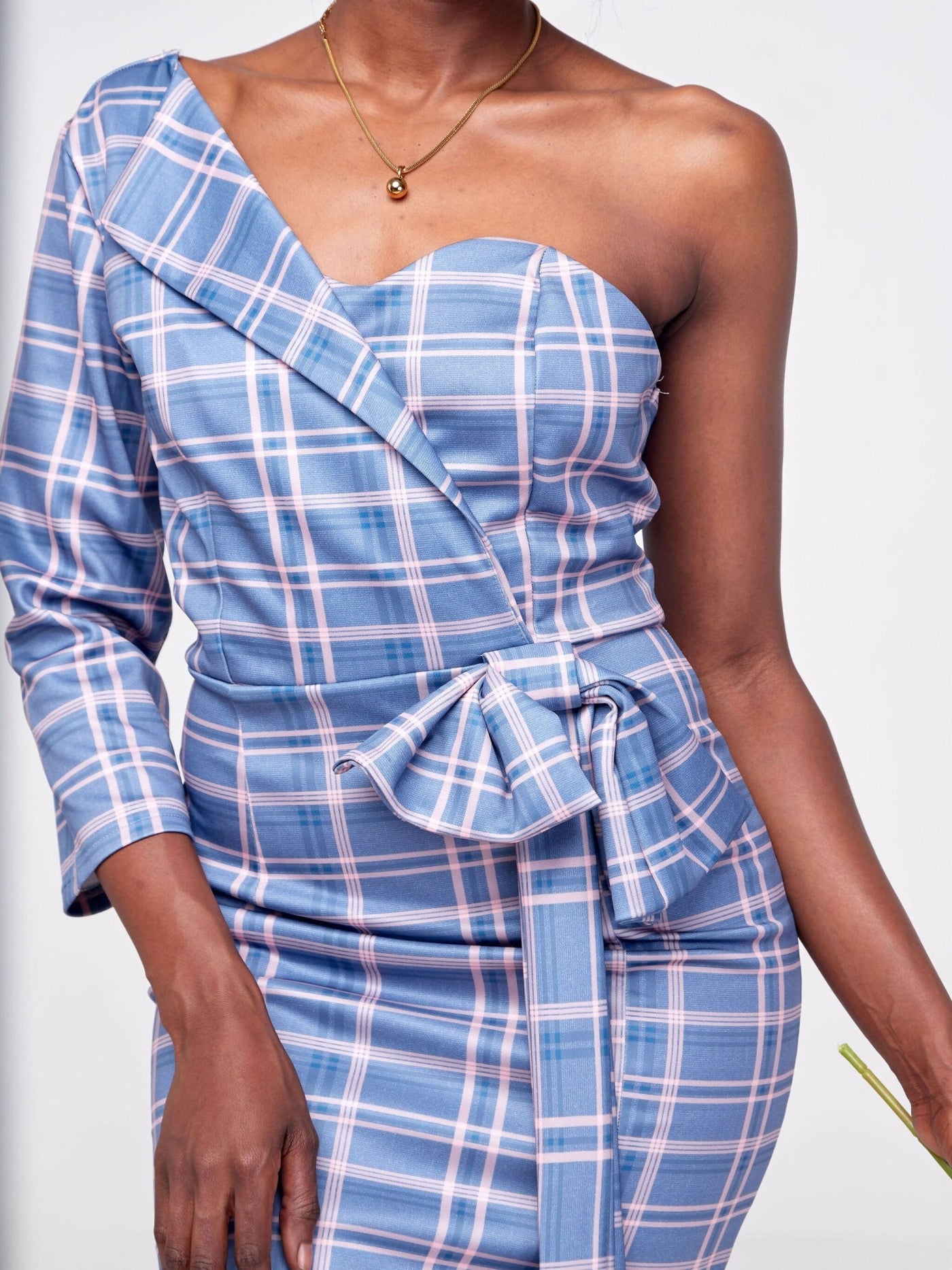 Bold N Chic One Shoulder Dress - Checkered Blue - Shopzetu