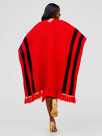 Anel's Knitwear Stari Fringe Poncho - Red / Black