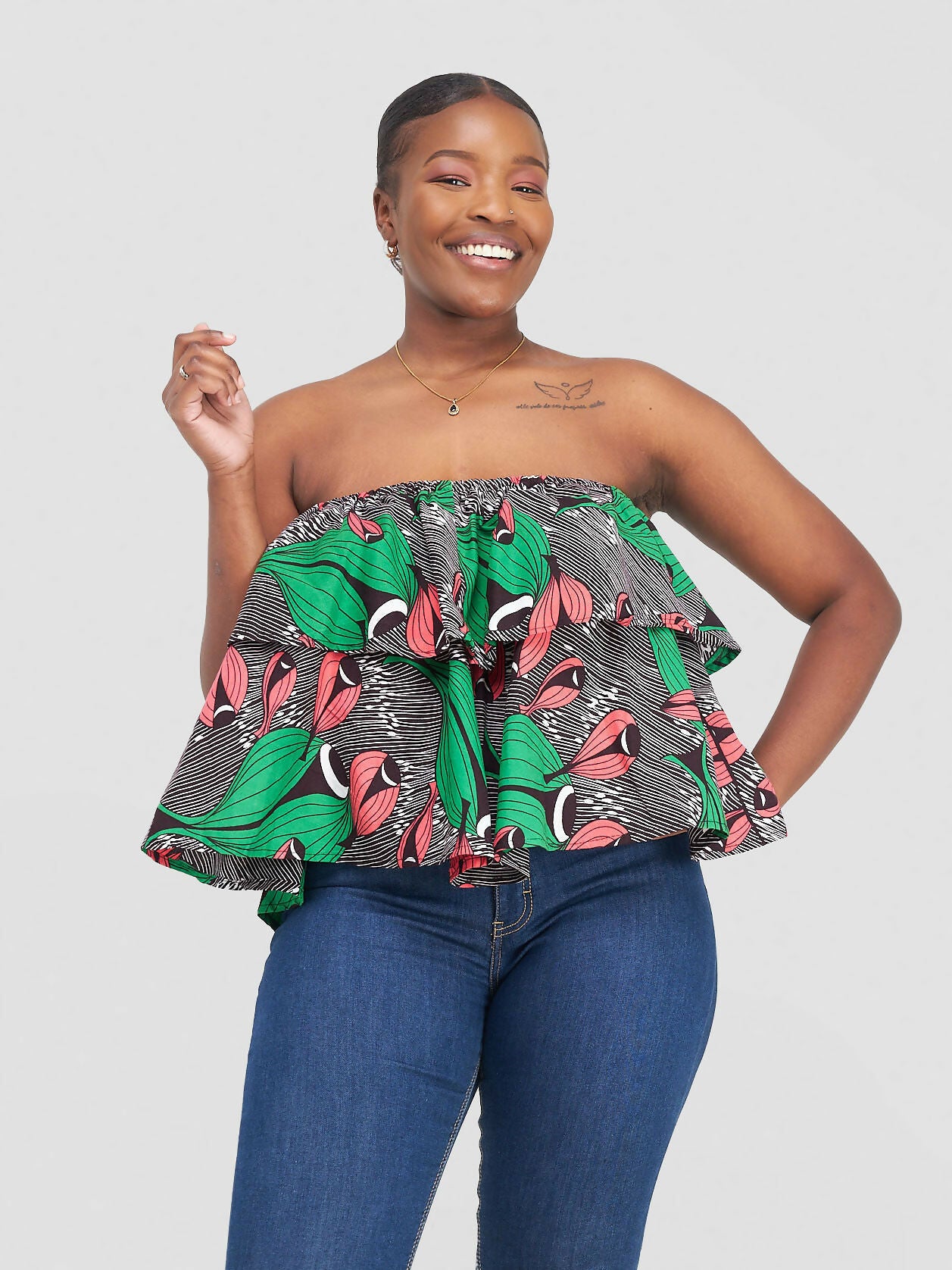 PrettyGline Ankara Off Shoulders Top - Floral Green - Shopzetu