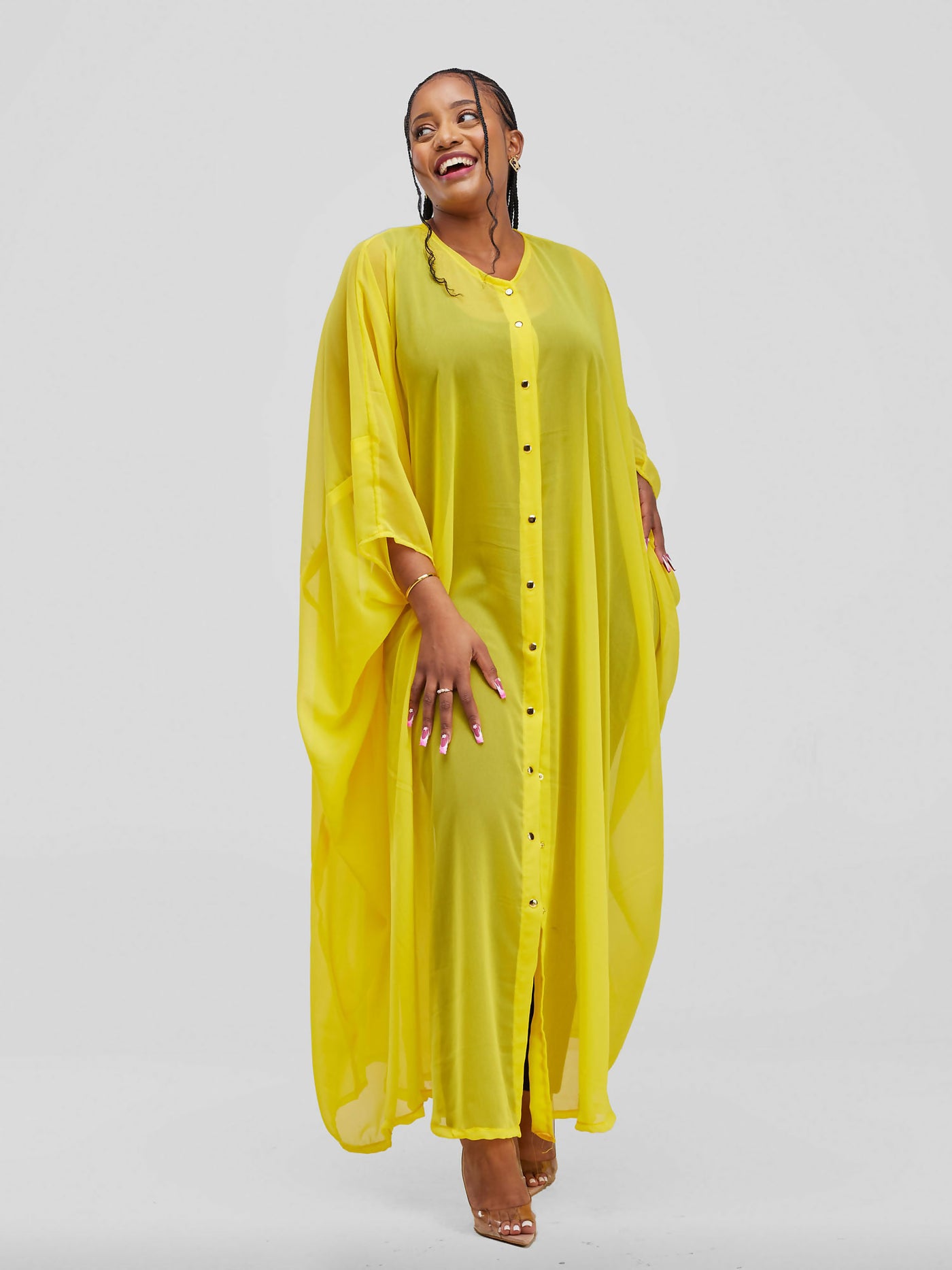 Vazi Afriq Buttoned Chiffon Kaftan Dress - Yellow