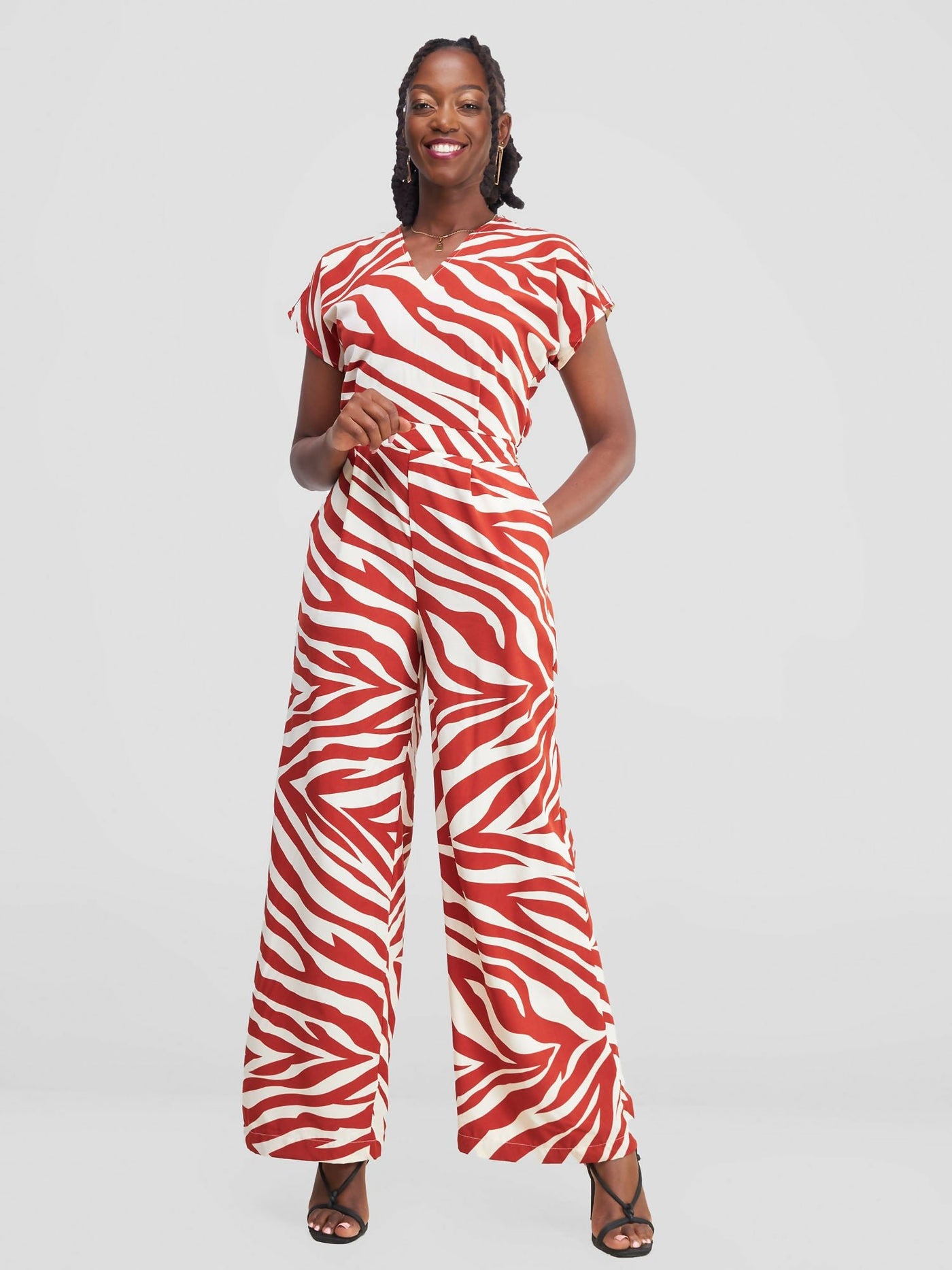 Vuli Closet Jumpsuit - Brown / White Print - Shopzetu