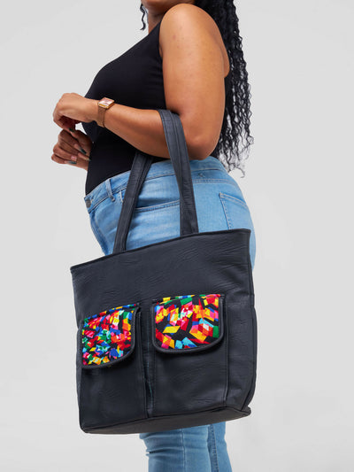 Khay Designs Leather Tote Bag - Black Ankara