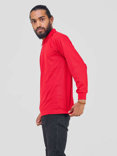 Long Sleeved Polo T-Shirt - Red - Shopzetu