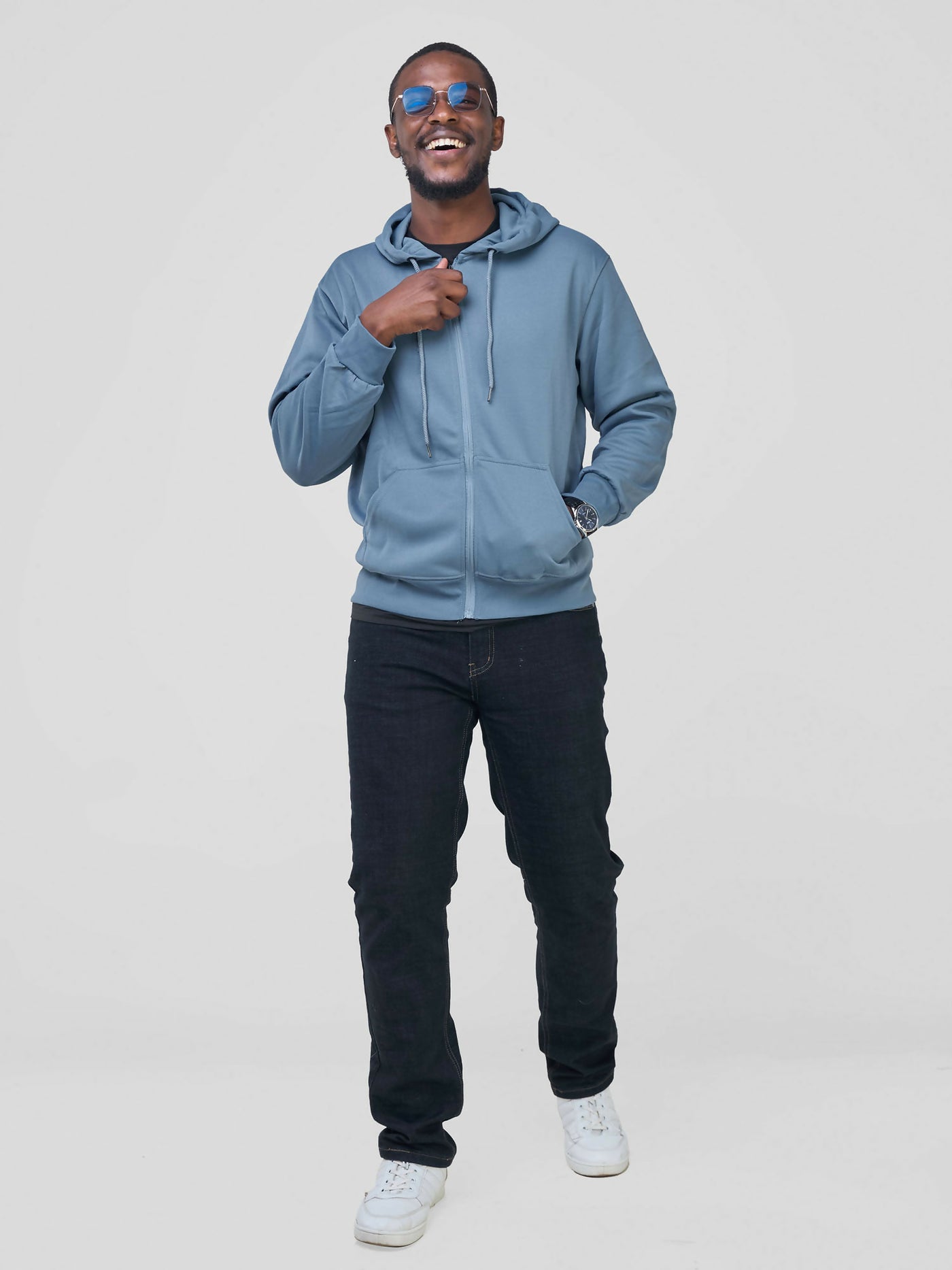 Round Neck With Zip Hoodie - Stone Blue - Shopzetu