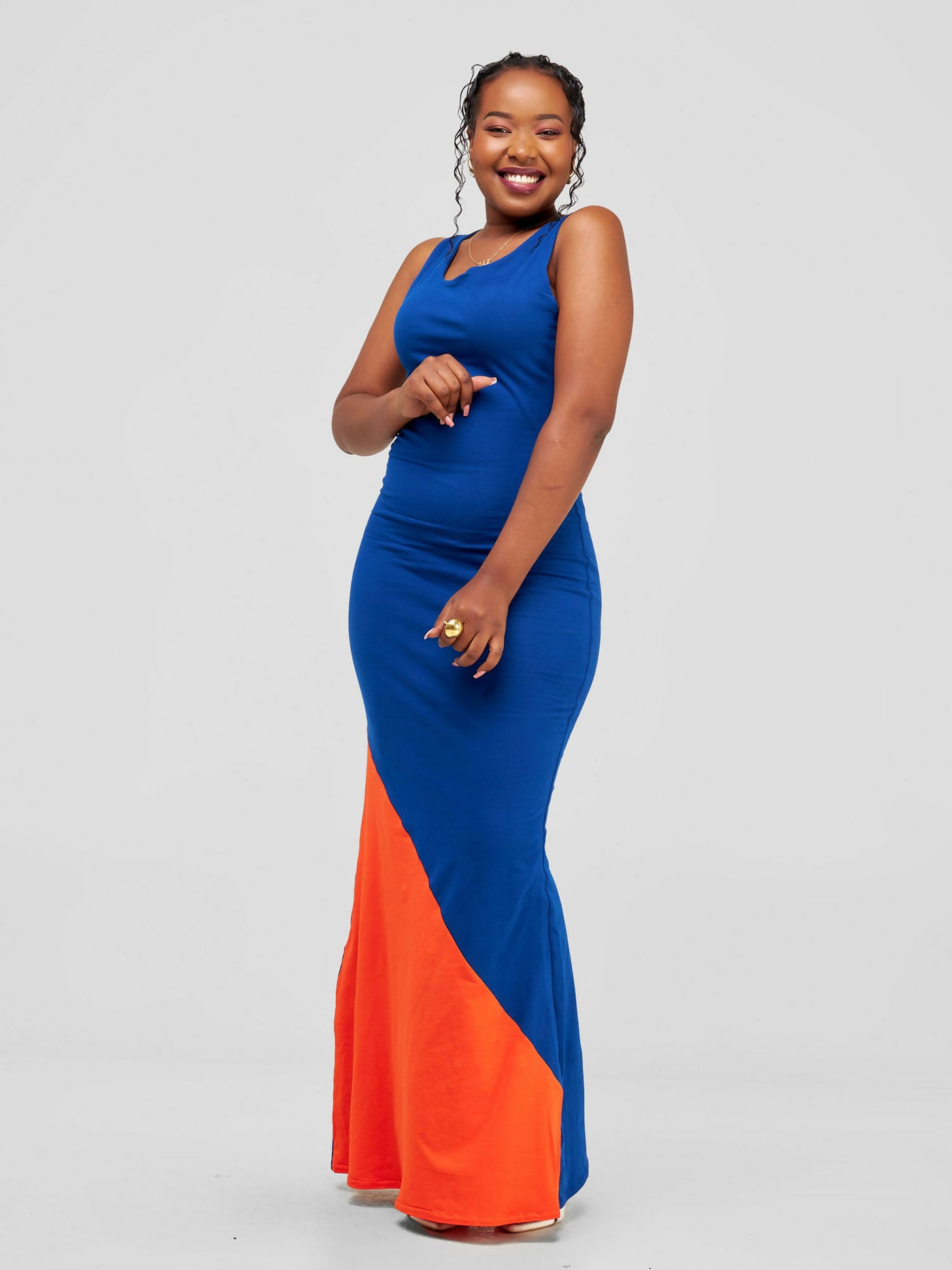 Tuli Zeyara Colour Block Jersey Maxi Dress - Royal Blue & Orange