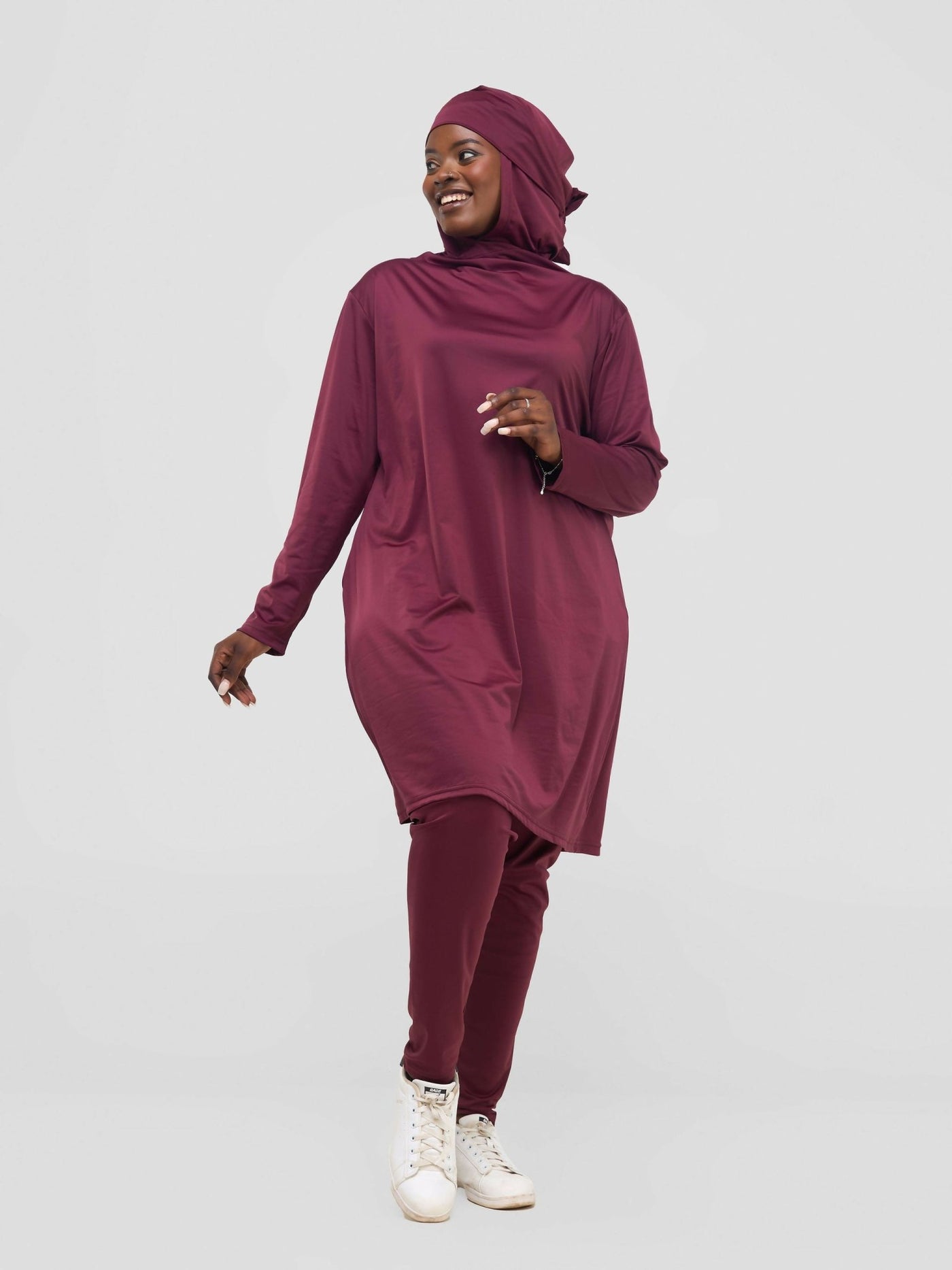 Zaiba Creations Modest Workout Hooded Tunic Top & Leggings - Maroon - Shopzetu