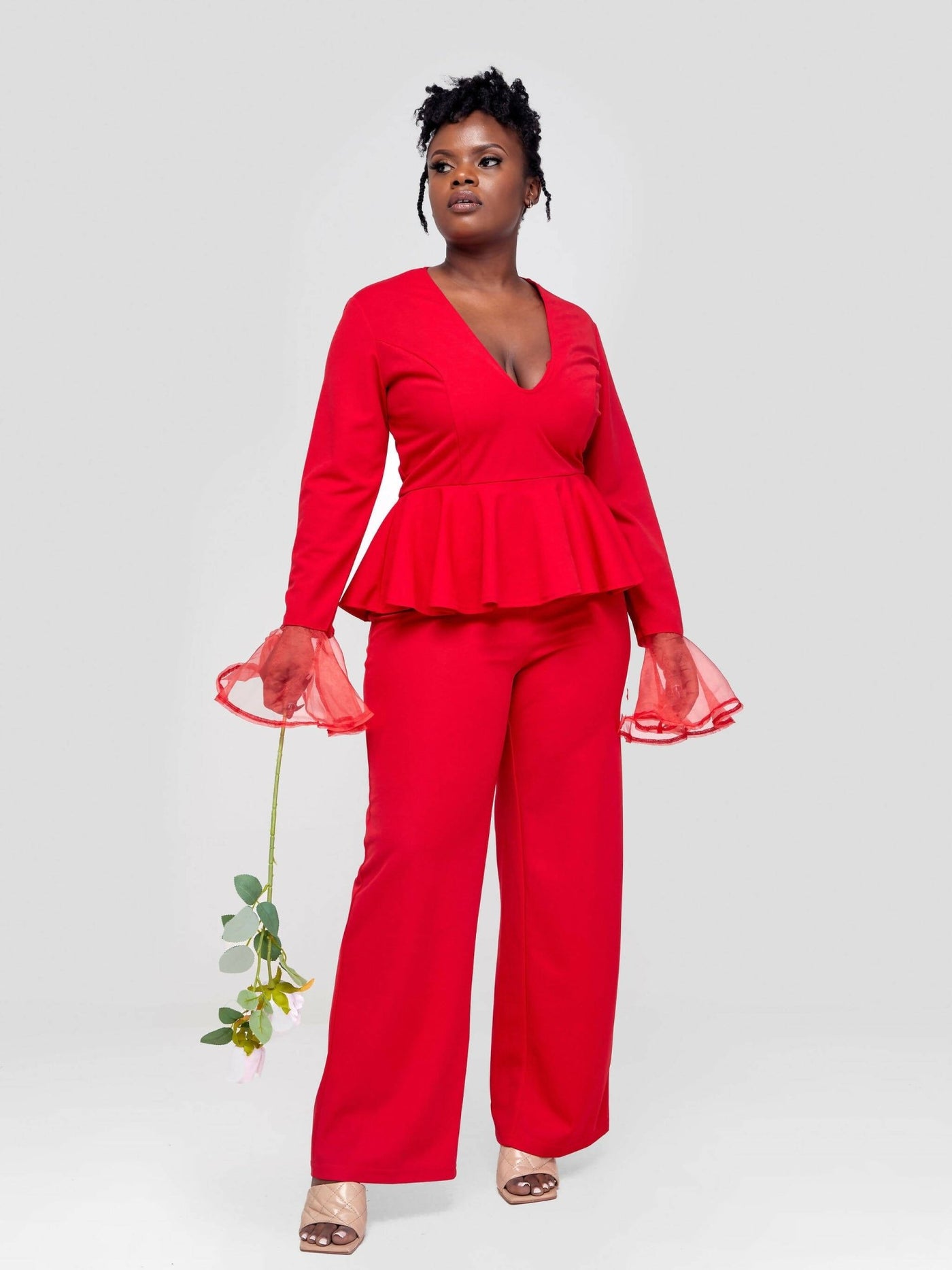 Peplum Jumpsuit - Red - Shopzetu