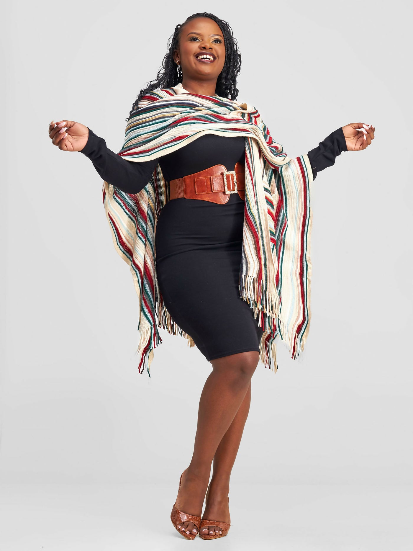 Afrodame Stripped Poncho - Cream