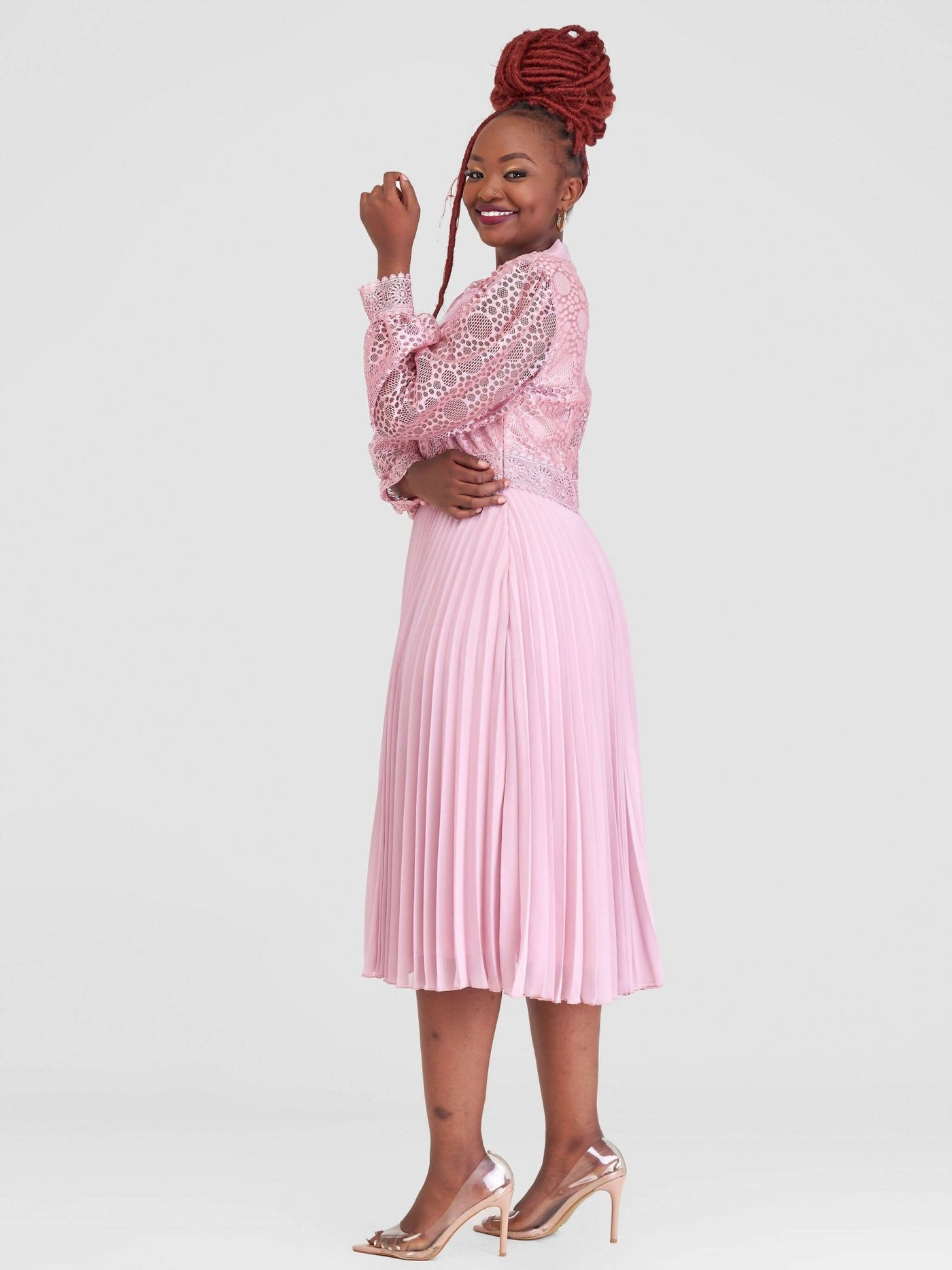 Anel's Knitwear Heavy Chiffon Detailed Dress - Pink - Shopzetu