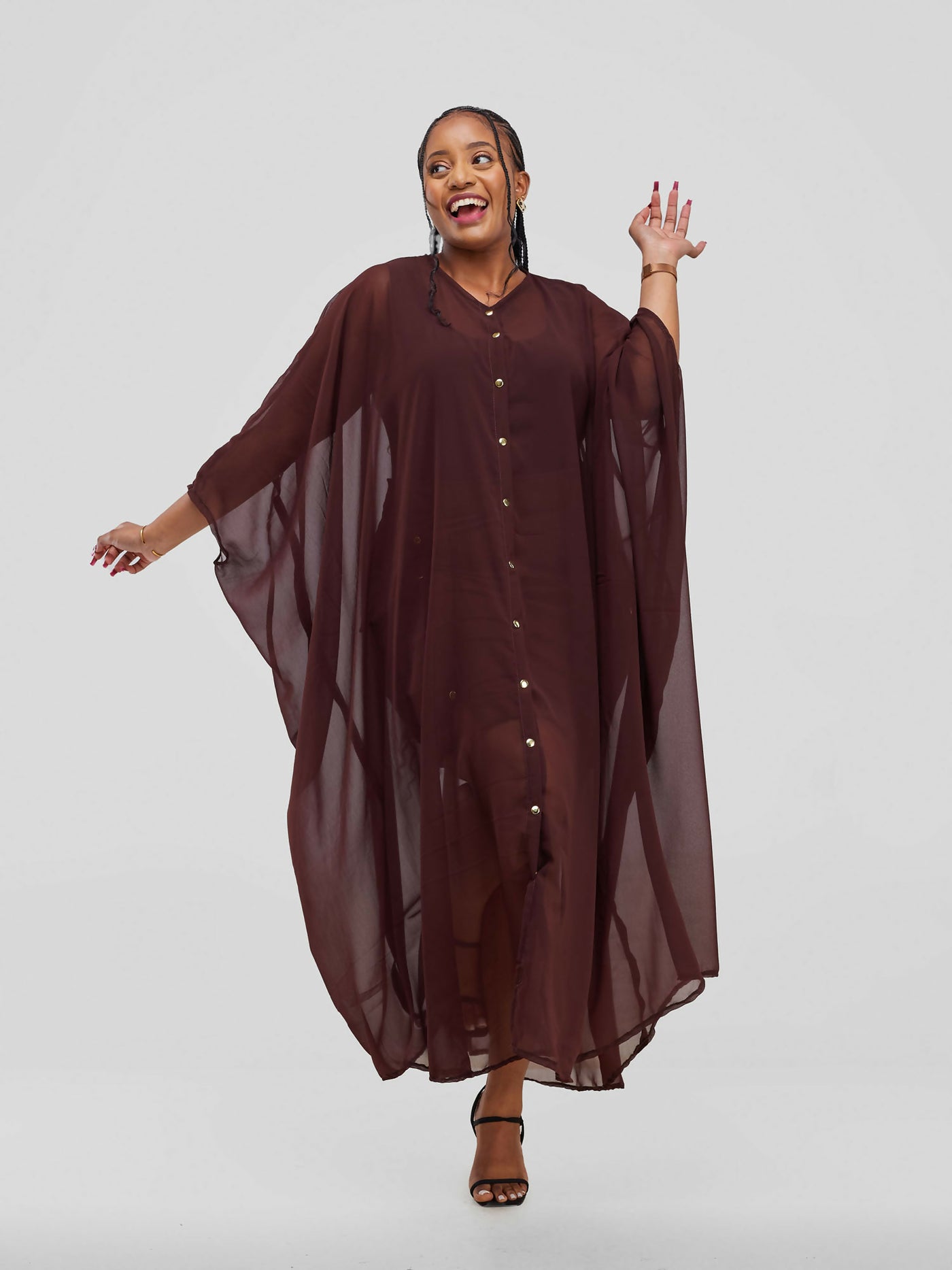 Vazi Afriq Buttoned Chiffon Kaftan Dress - Brown