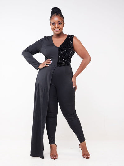 Bold N Chic Sequin Jumpsuit With Trail - Black - Shopzetu