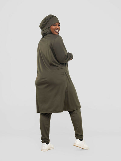 Zaiba Creations Modest Workout Hooded Tunic Top & Legging - Olive Green - Shopzetu