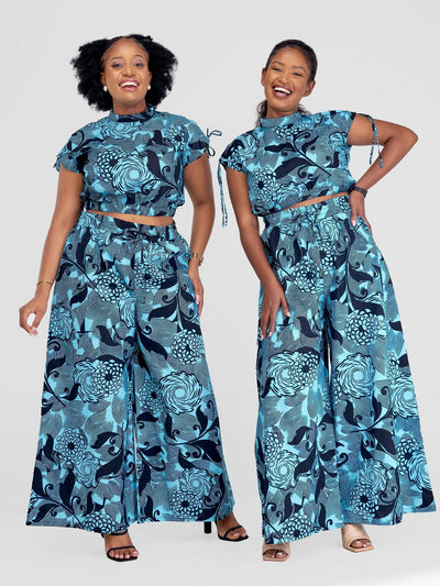 Beqss Tess Wide Leg Pants Set - Aqua Print - Shopzetu