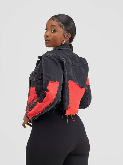 4Mtaa Cropped Denim Jacket - Black / Red