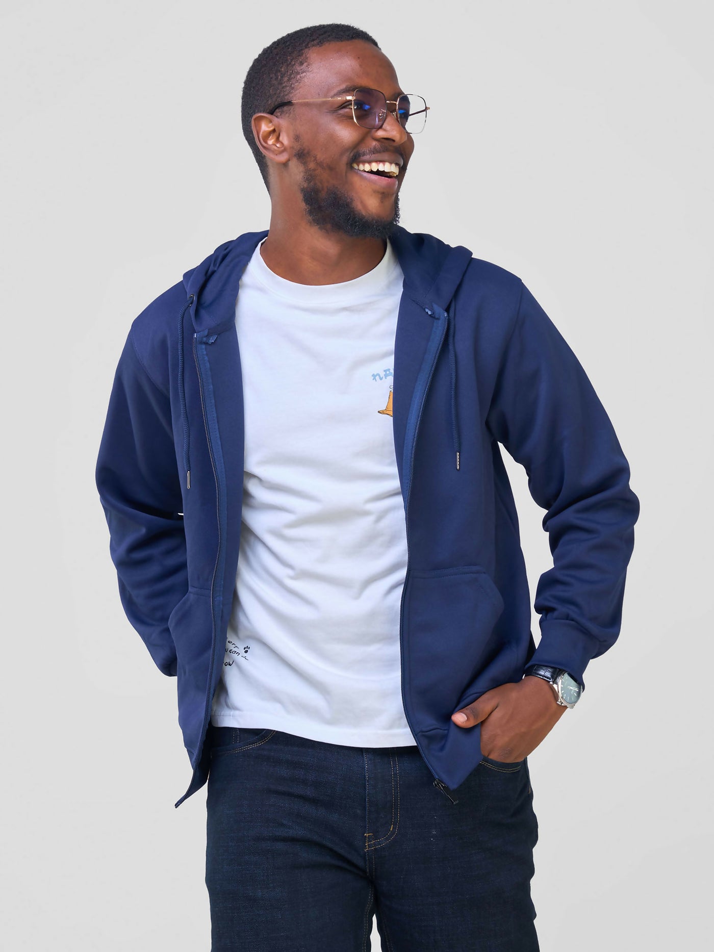 Round Neck With Zip Hoodie - Navy - Shopzetu