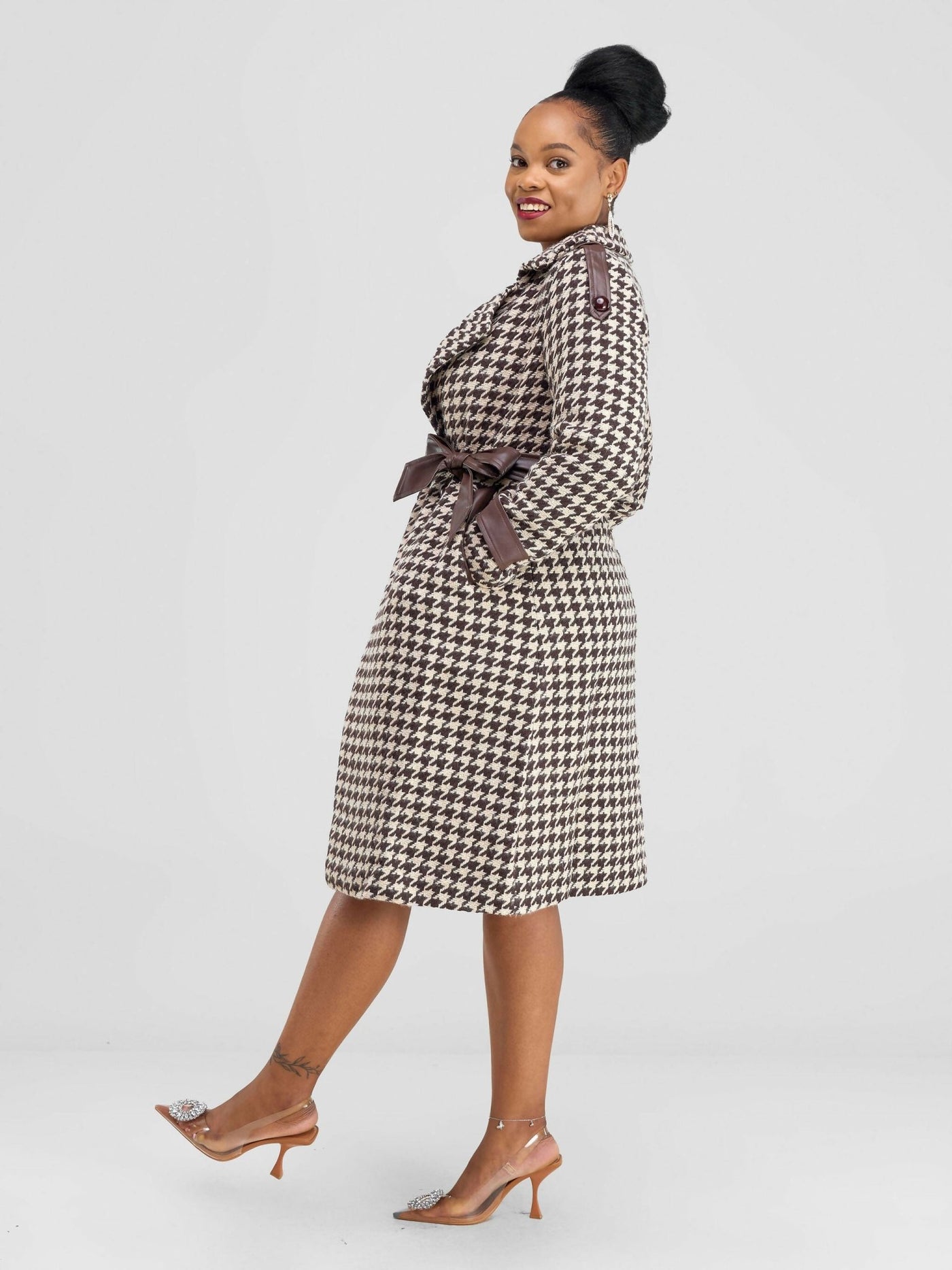 Stylish Sisters Houndstooth Trench - Coat Jacket - Brown / White - Shopzetu